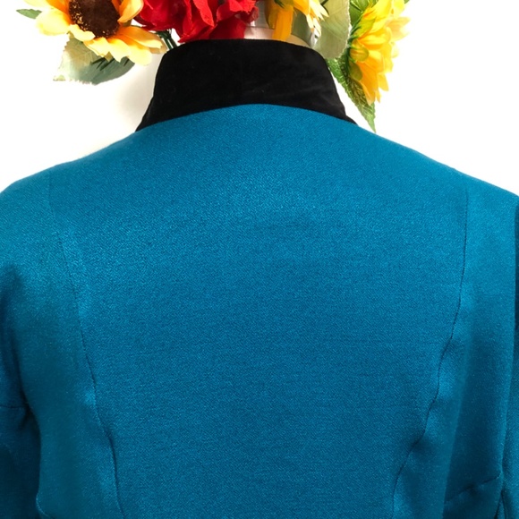 Double-breasted Teal Dress with Black Velvet Trim - Picture 7 of 16